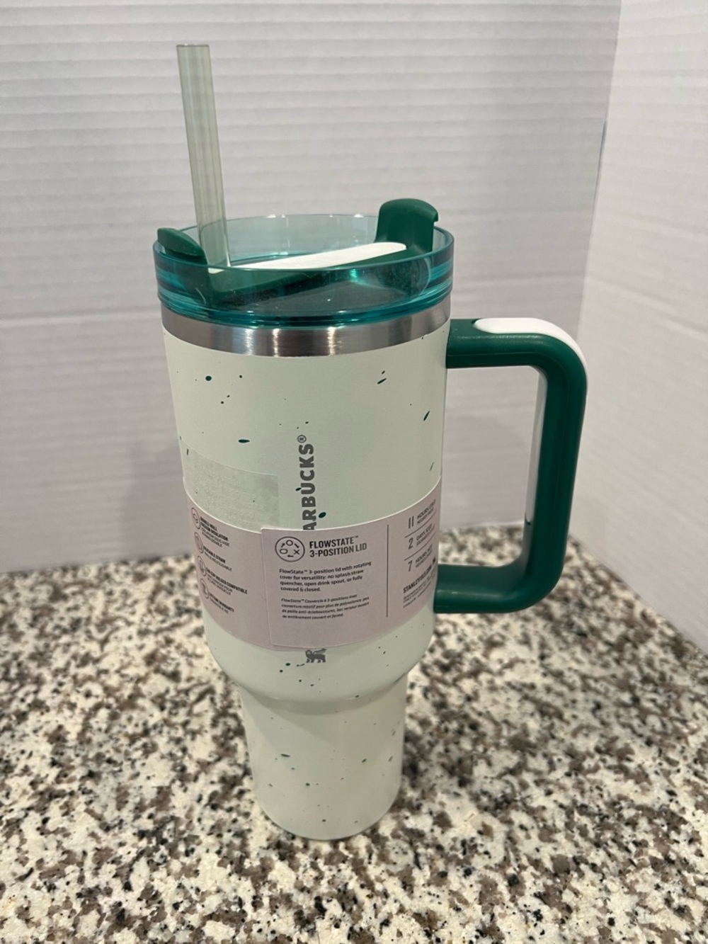 Stanley Starbucks Cream Speckled Travel Mug with Dark Green Handle New 40 Oz